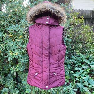 American Rag Burgundy Faux Fur Hooded Puffer Vest Size S